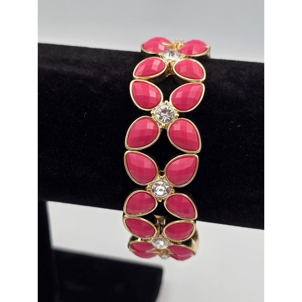 Gold Tone Hot Pink Faceted‎ Stone Stretch Bracelet Clear Rhinestone Accents
